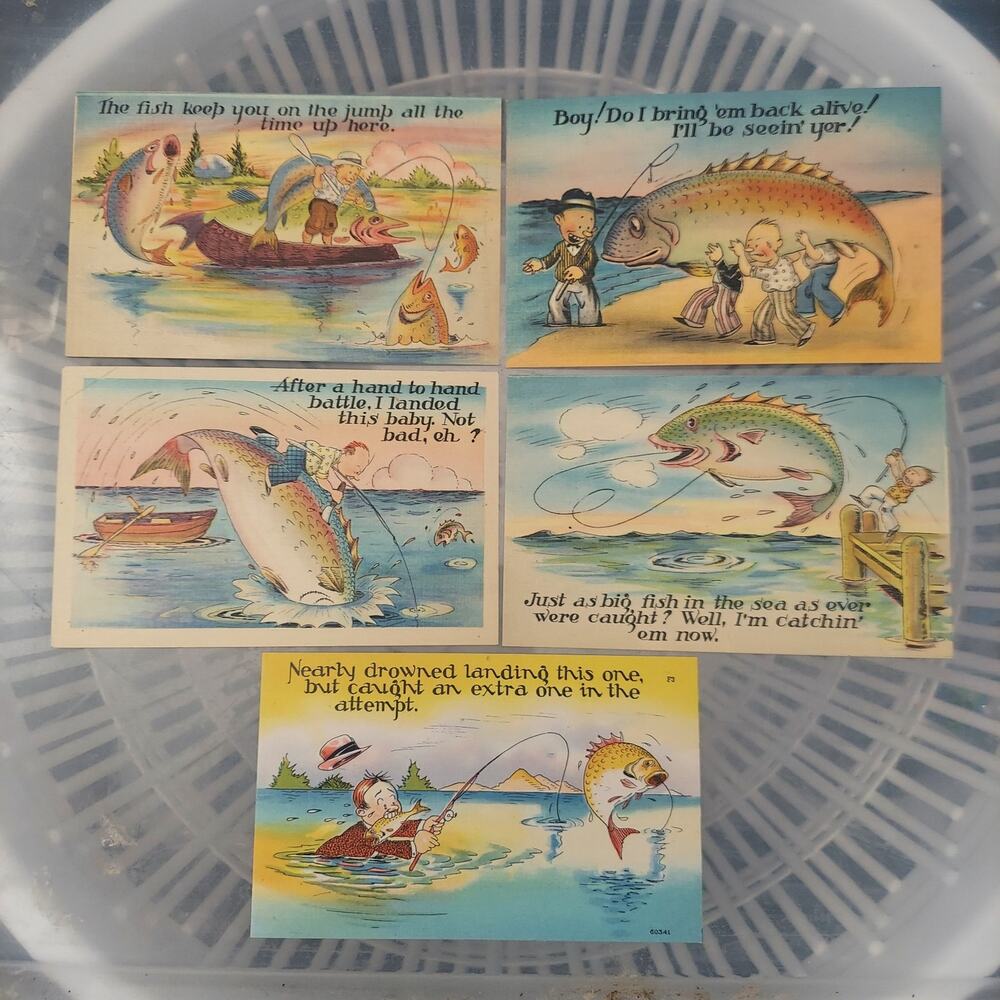 Vintage Asheville Post Card Company Tall Tale Fishing Comic Linen Lot 5 Count